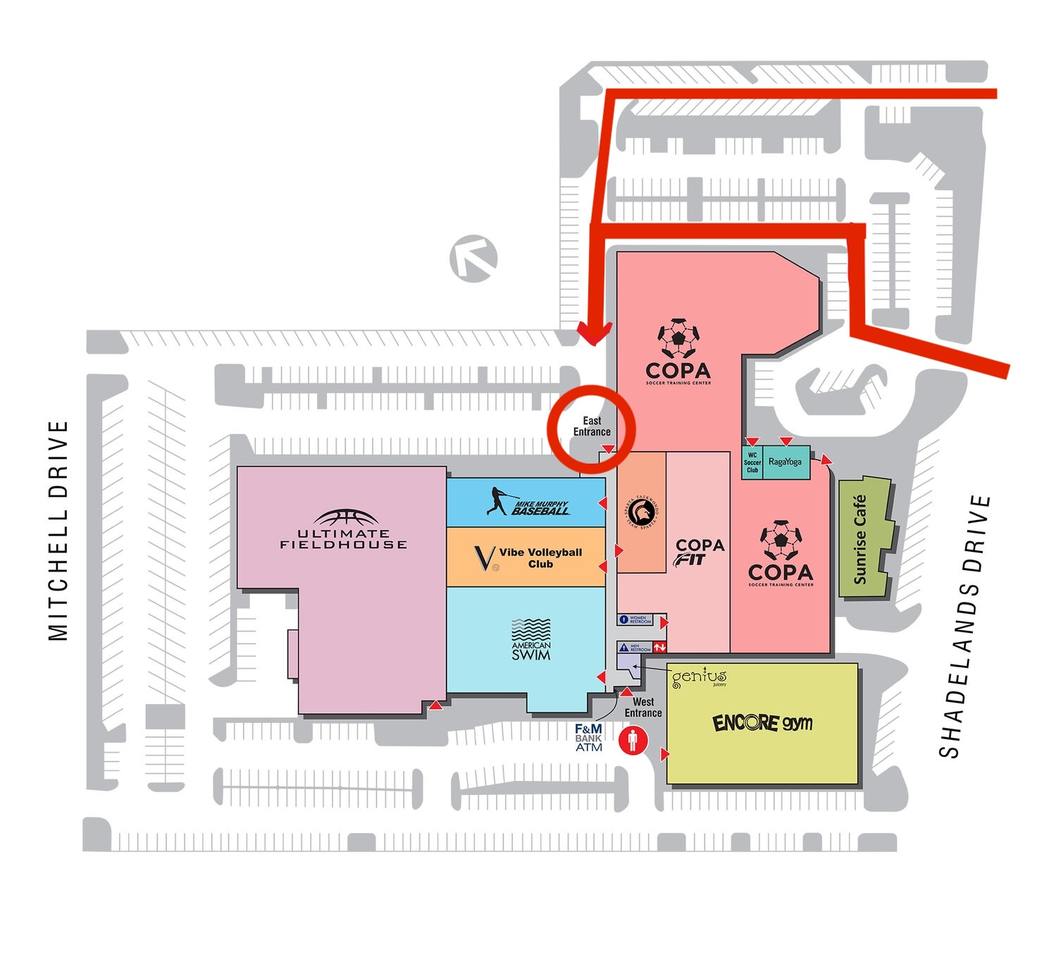 Map of the Shadelands Sportsmall in Walnut Creek showing the route from the parking lot off Shadelands Drive around to the East Entrance, with Sparta Taekwondo located inside